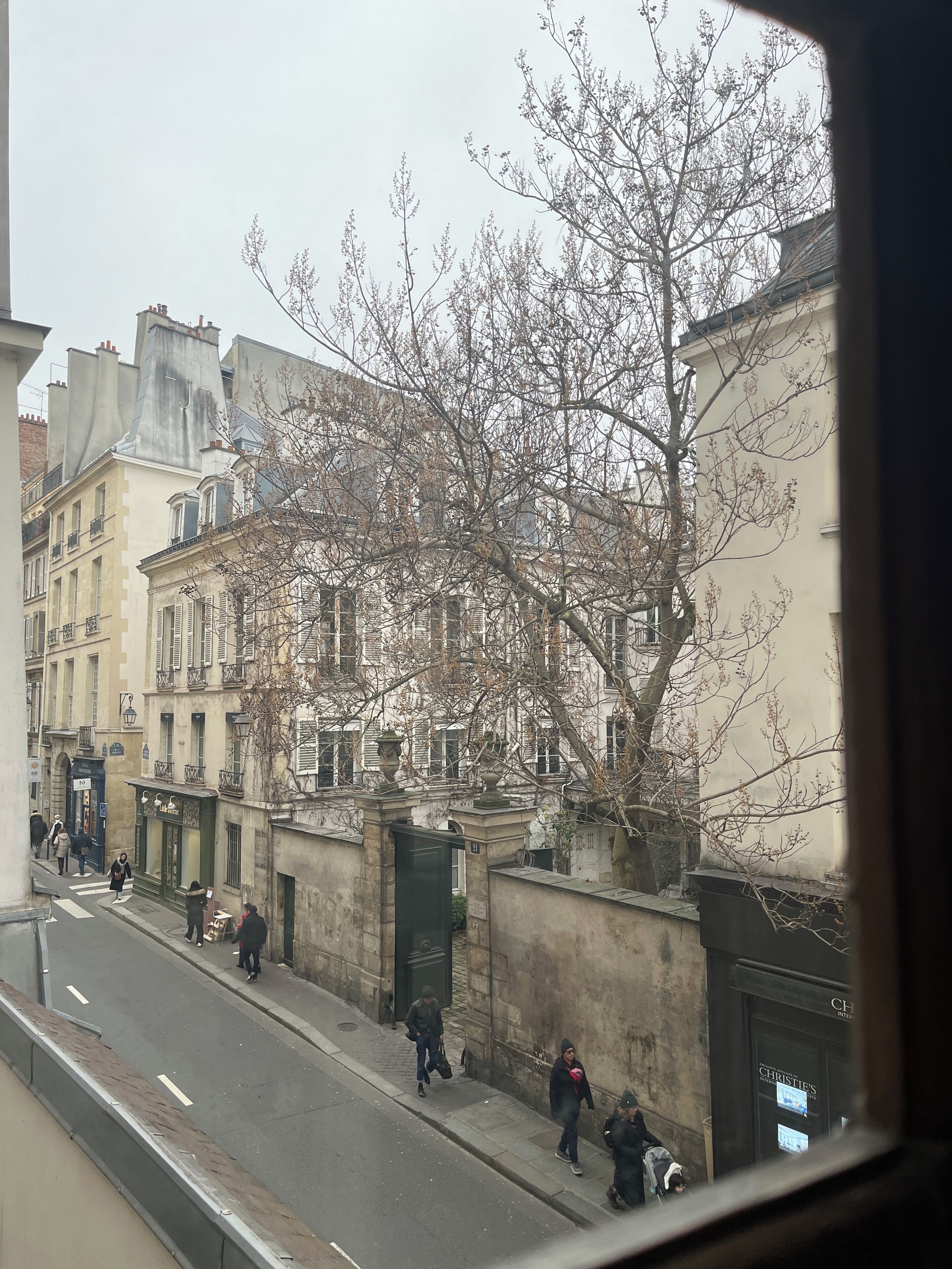 A street view with buildings, a tree, and pedestrians.