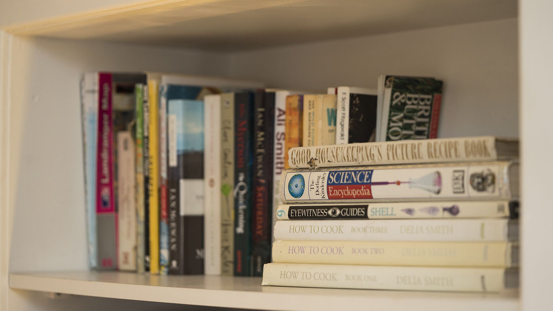 A bookshelf with a variety of books, including a 'Good Housekeeping's Picture Recipe Book' and 'The Dorling Kindersley Encyclopedia of Science'.
