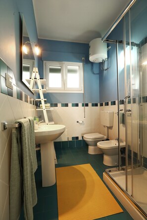 Shower, hair dryer, bidet, towels