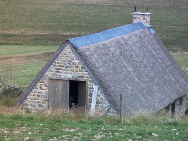 A stone cottage with a steeply pitched thatched roof, a visible chimney, and a door leading to the interior.