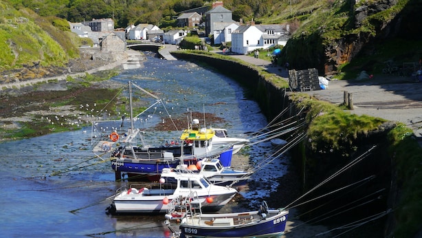 A narrow waterway with boats docked along the sides, surrounded by houses and greenery. - Spacious Cottage With Sea Views (Trevillett)