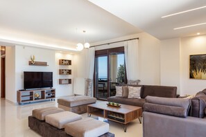 Flat-screen TV, fireplace, DVD player, books