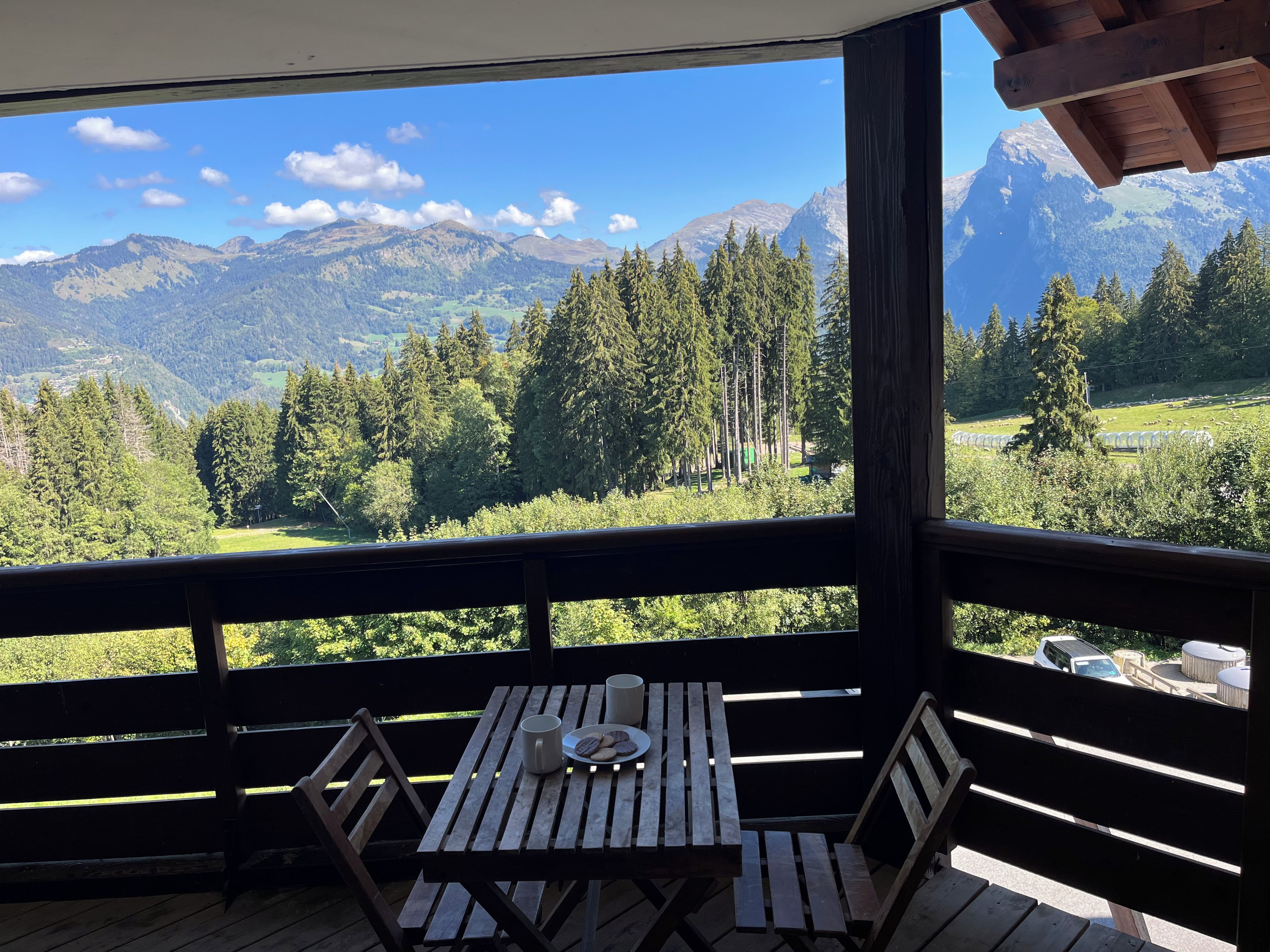 Eine Holzterrasse mit Tisch und Stühlen, mit Blick auf eine gebirgige Landschaft mit Bäumen und blauem Himmel.
