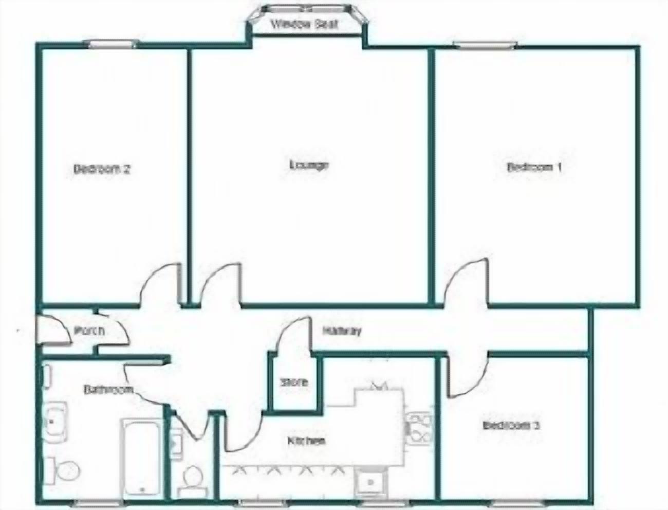 Un plan d’étage comprenant trois chambres, un salon, une cuisine, une salle de bain, une véranda et un débarras.