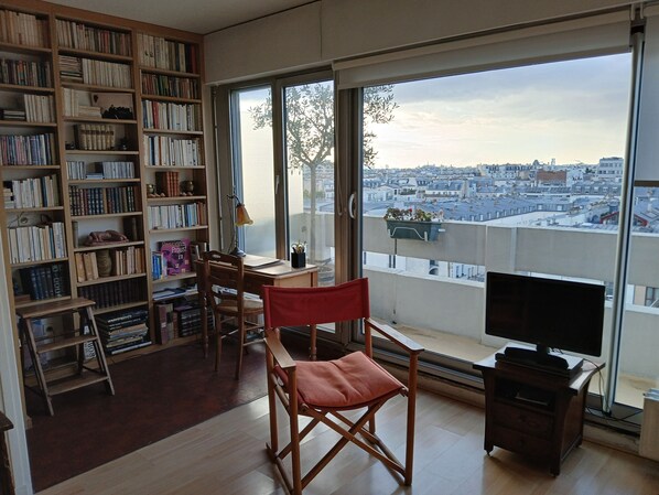 TV, DVD player, books, music library