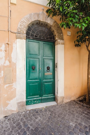 A green double door with a metal grille, a stone archway, and a cobblestone pavement.