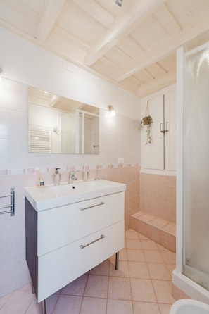 A bathroom with a white vanity, a large mirror, a shower, and a hanging plant.
