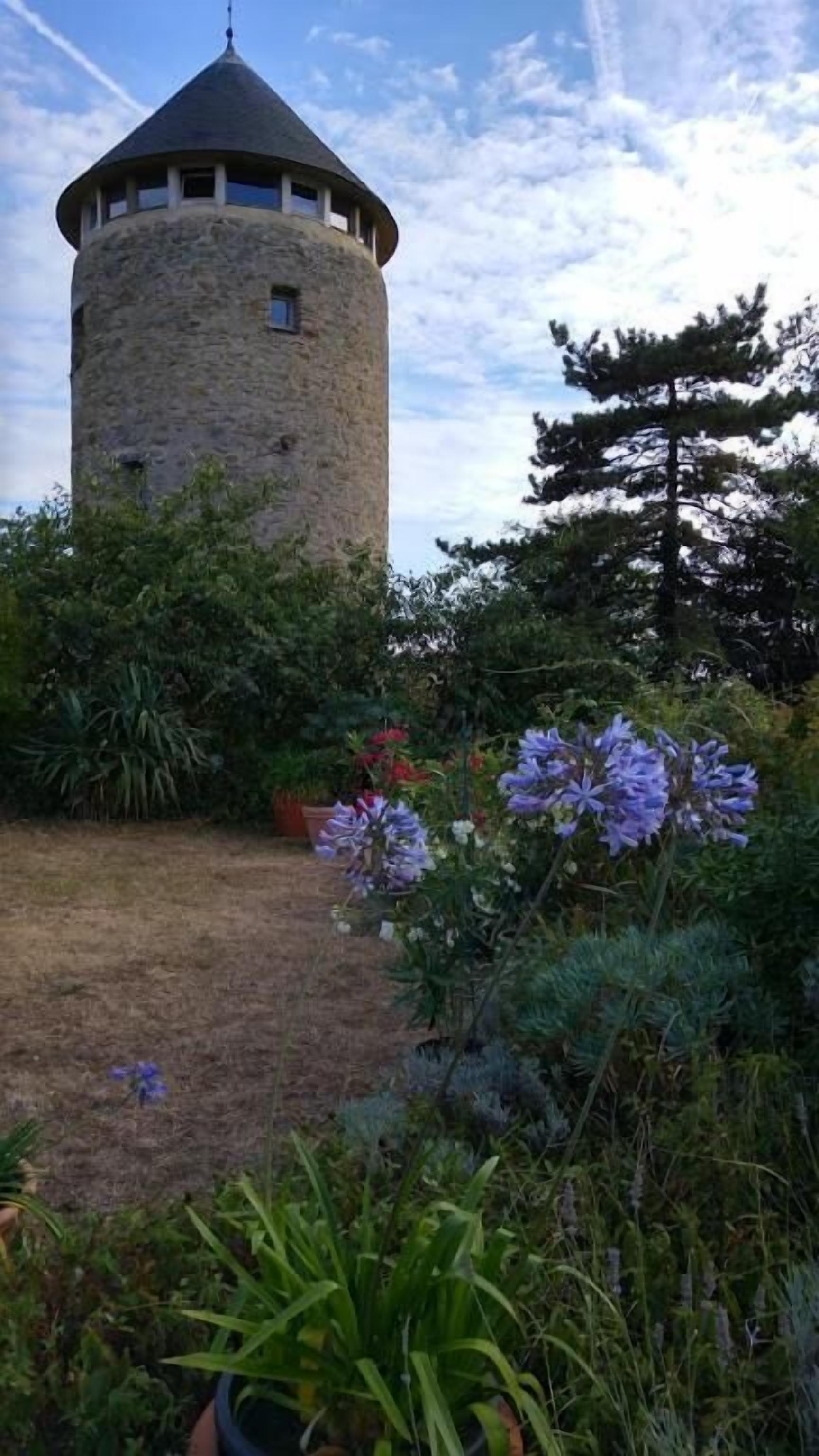 A stone tower with a conical roof, surrounded by a garden with various plants and flowers.