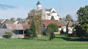 Eine historische Kirche mit einem markanten Turm, umgeben von Wohnhäusern und einem grünen Feld.