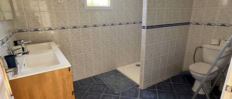A bathroom with a shower, a toilet, and a sink.