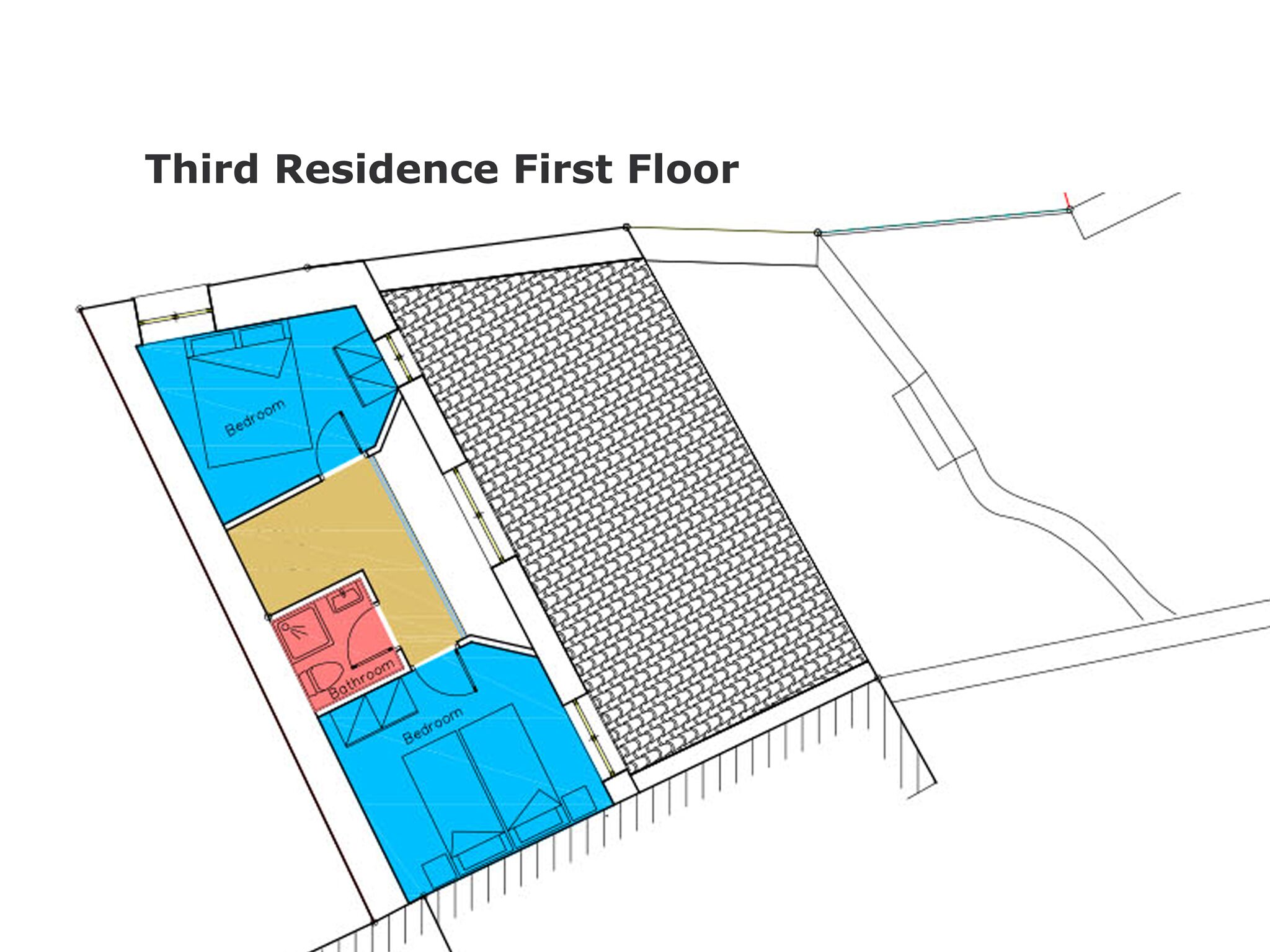 En planritning över ett bostadshus med tre sovrum, ett badrum och ett vardagsrum.