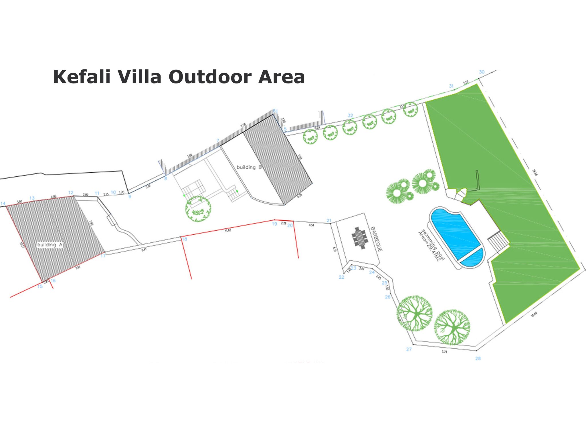A layout of Kefali Villa's outdoor area including buildings A and B, a swimming pool, and several green spaces.