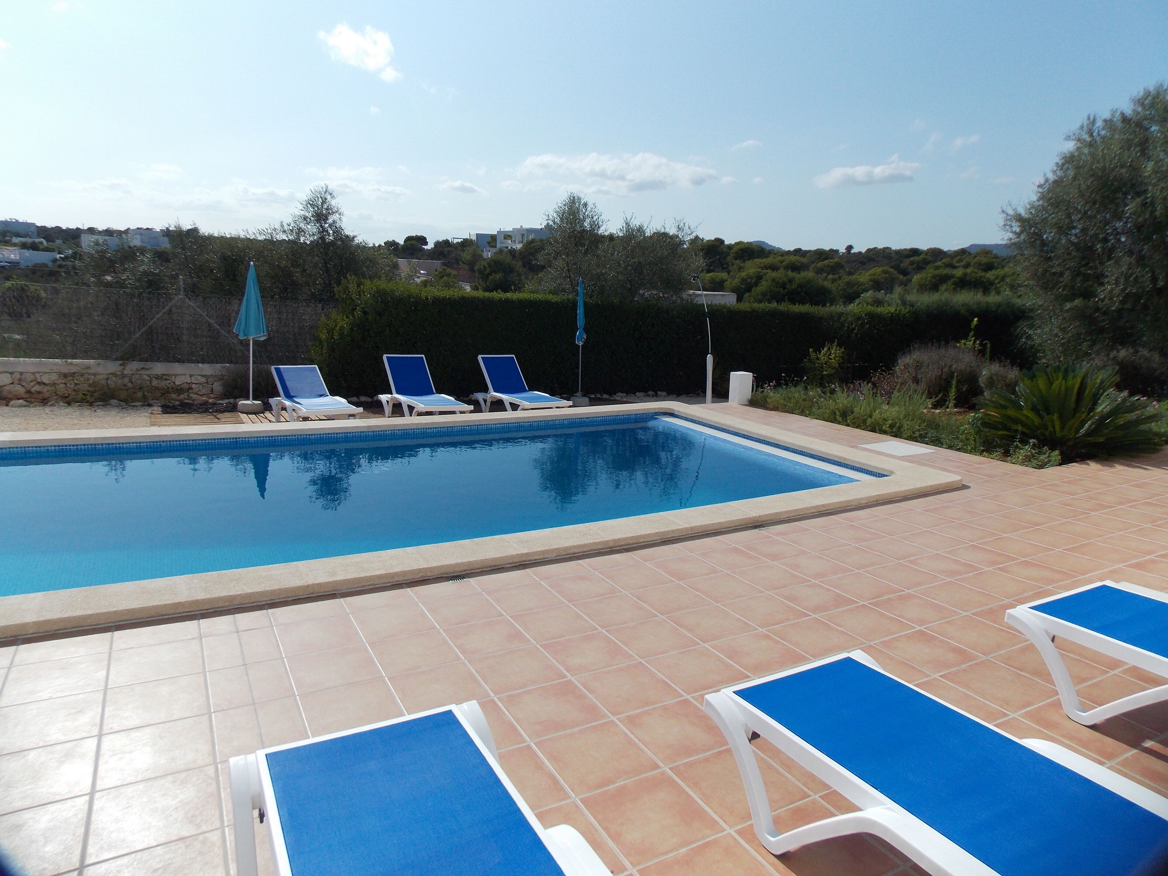 Ein Swimmingpool mit blauen Liegestühlen und einer gefliesten Poolterrasse.