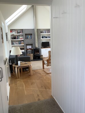 Fernseher, Kamin, DVD-Player, Bücher