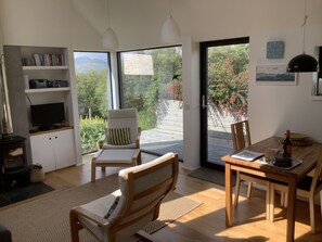 TV, fireplace, DVD player, books