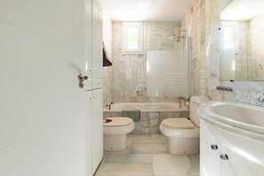 Combined shower/bathtub, hair dryer, bidet, towels