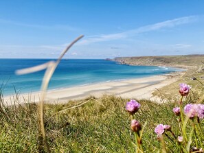 A coastal landscape with a beach, grassy foreground, and a clear blue sky. - St Ives Bay.  Self Catering traditional Beach Chalet. Sleeps 4. Close to beach!  (Phillack Hayle)