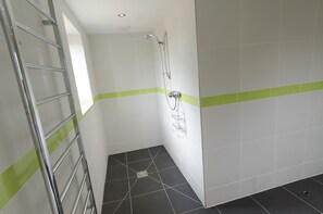 Combined shower/bathtub, hair dryer, soap