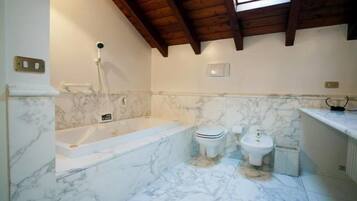 Shower, jetted tub, hair dryer, bidet