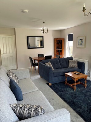 Smart TV, fireplace, DVD player, books