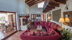 Télévision, cheminée, lecteur de DVD, table de tennis de table