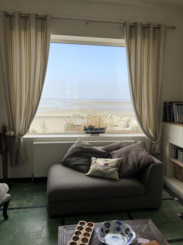 A living room with a large window, a sofa, a radiator, a wooden coffee table, and a bookshelf.