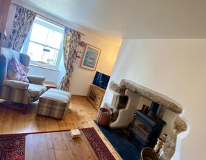 Una Smart TV, una chimenea, un reproductor de DVD, libros