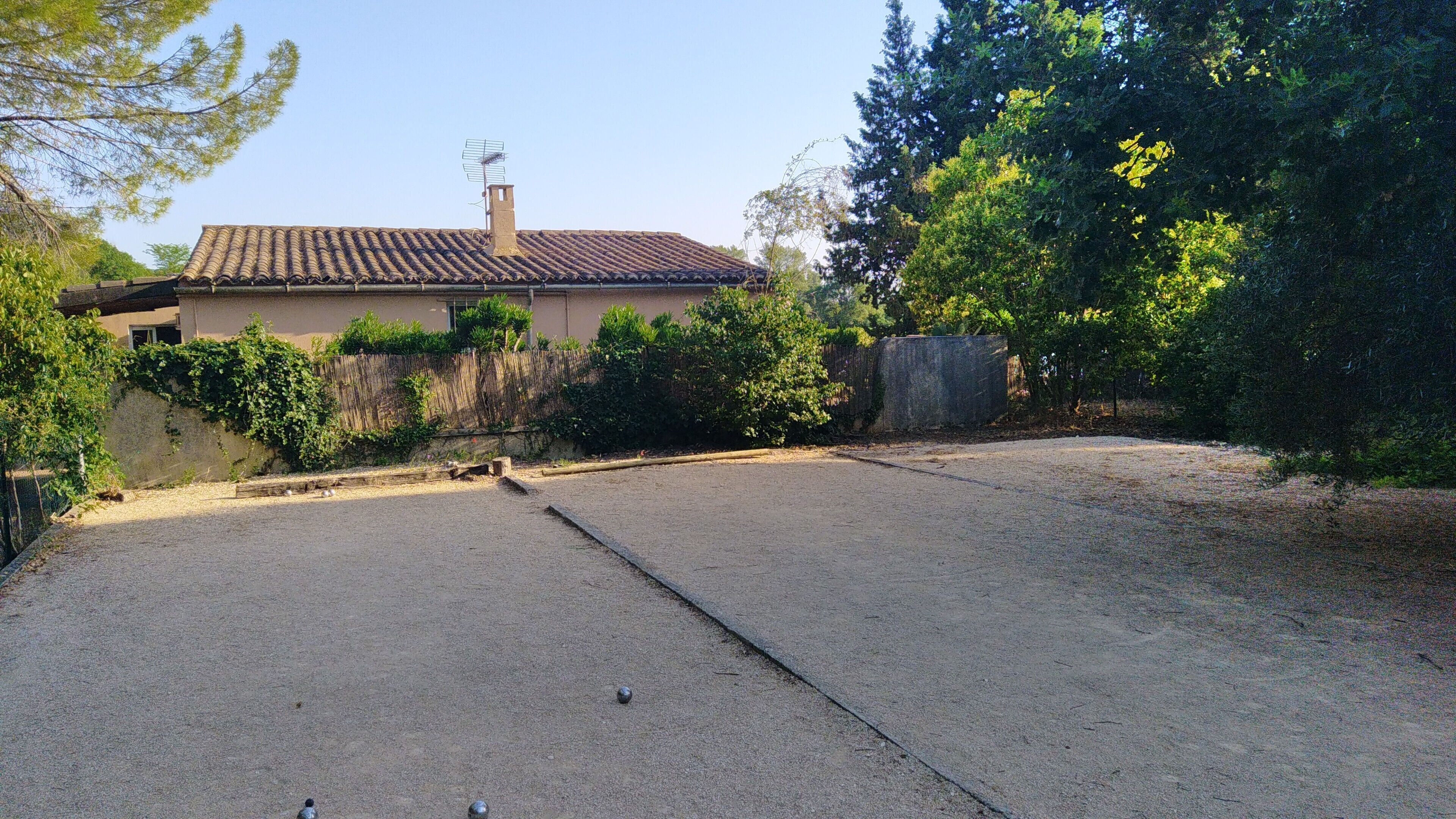 A residential area with a paved driveway leading to a house with a tiled roof and a chimney. There is a wooden fence and dense greenery around.