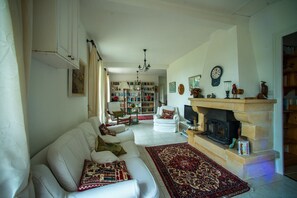 Smart TV, fireplace, DVD player, books