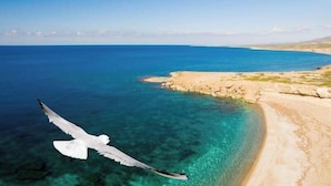 Un paysage côtier avec une eau d’un bleu limpide et une plage de sable.