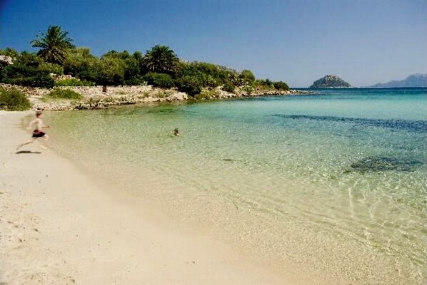 On the beach, sun-loungers