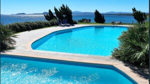 A curved swimming pool with clear blue water, surrounded by a paved deck and palm plants. - House 50 meters from the sea residence S'ABBA E SA PEDRA  (Golfo Aranci)