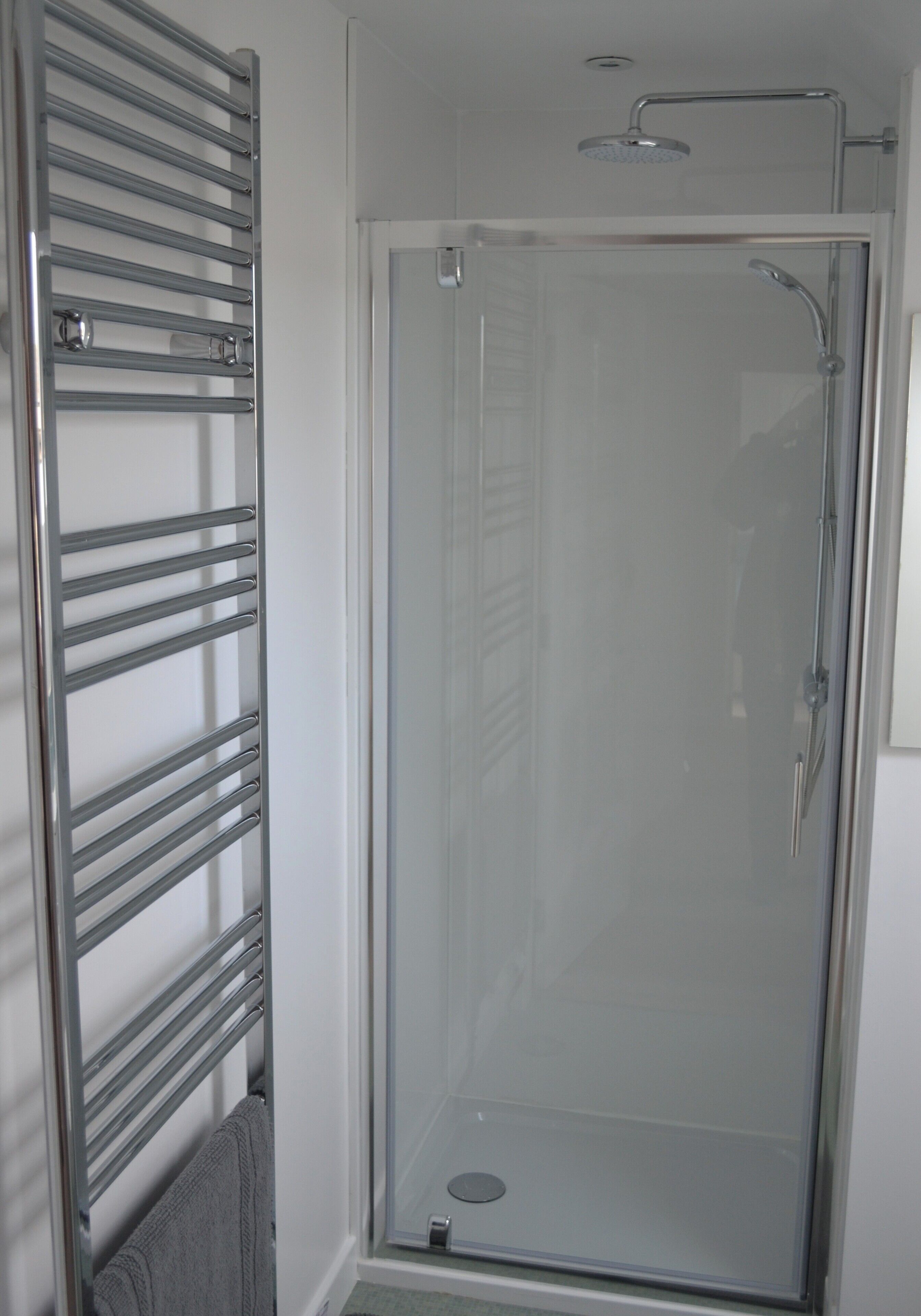 A modern shower with a glass door and a chrome towel rack.