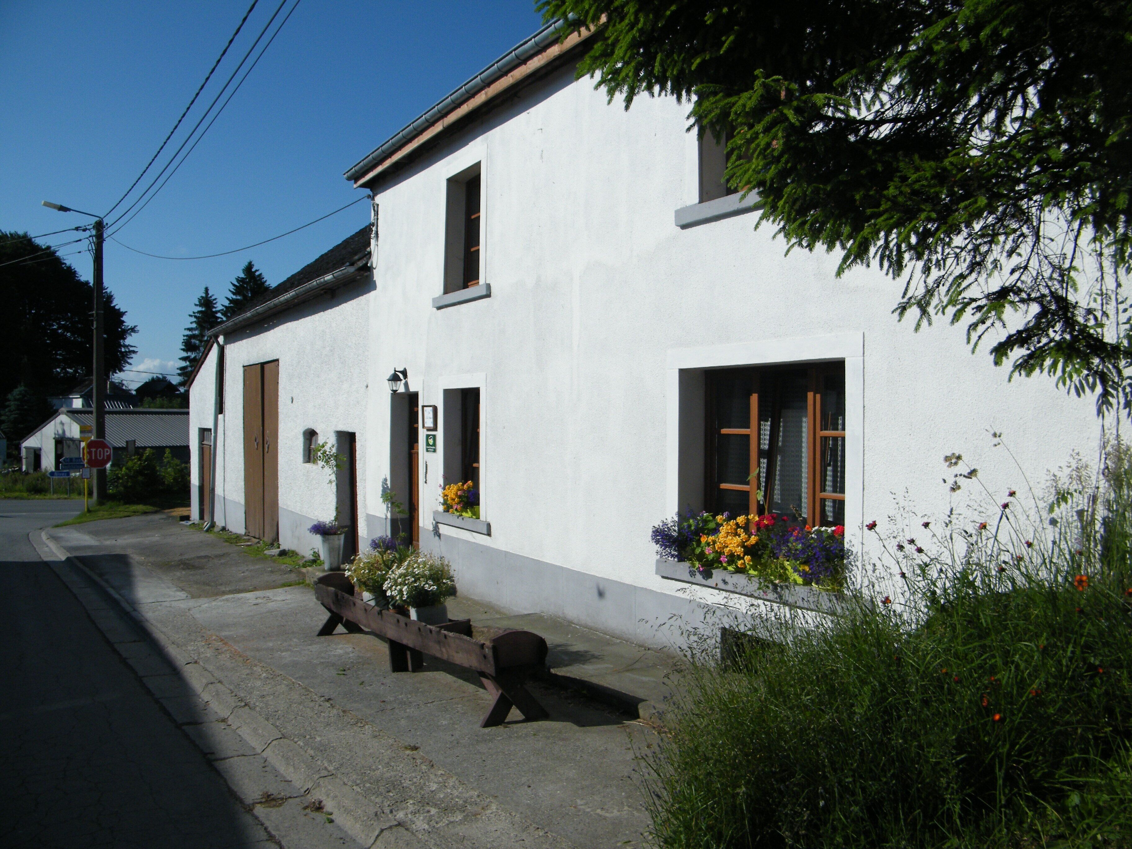 A white building with a bench outside, a stop sign, and flower boxes on the windows.