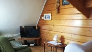 Una habitación con techo de madera, un sillón verde, un sofá blanco, una pequeña mesa redonda con una lámpara y un televisor sobre un mueble de madera.