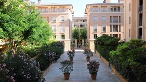 A courtyard with potted plants and a central pathway leading to a building entrance.