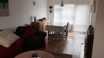 TV, fireplace, DVD player, books