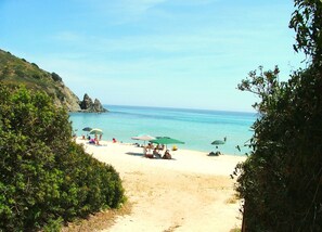 A beach with umbrellas, people, and a clear view of the sea.