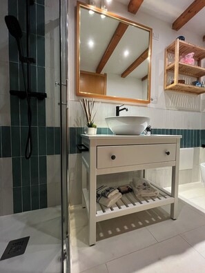 Shower, hair dryer, bidet, towels