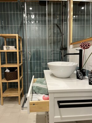 Regadera, secadora de cabello, bidet, toallas 