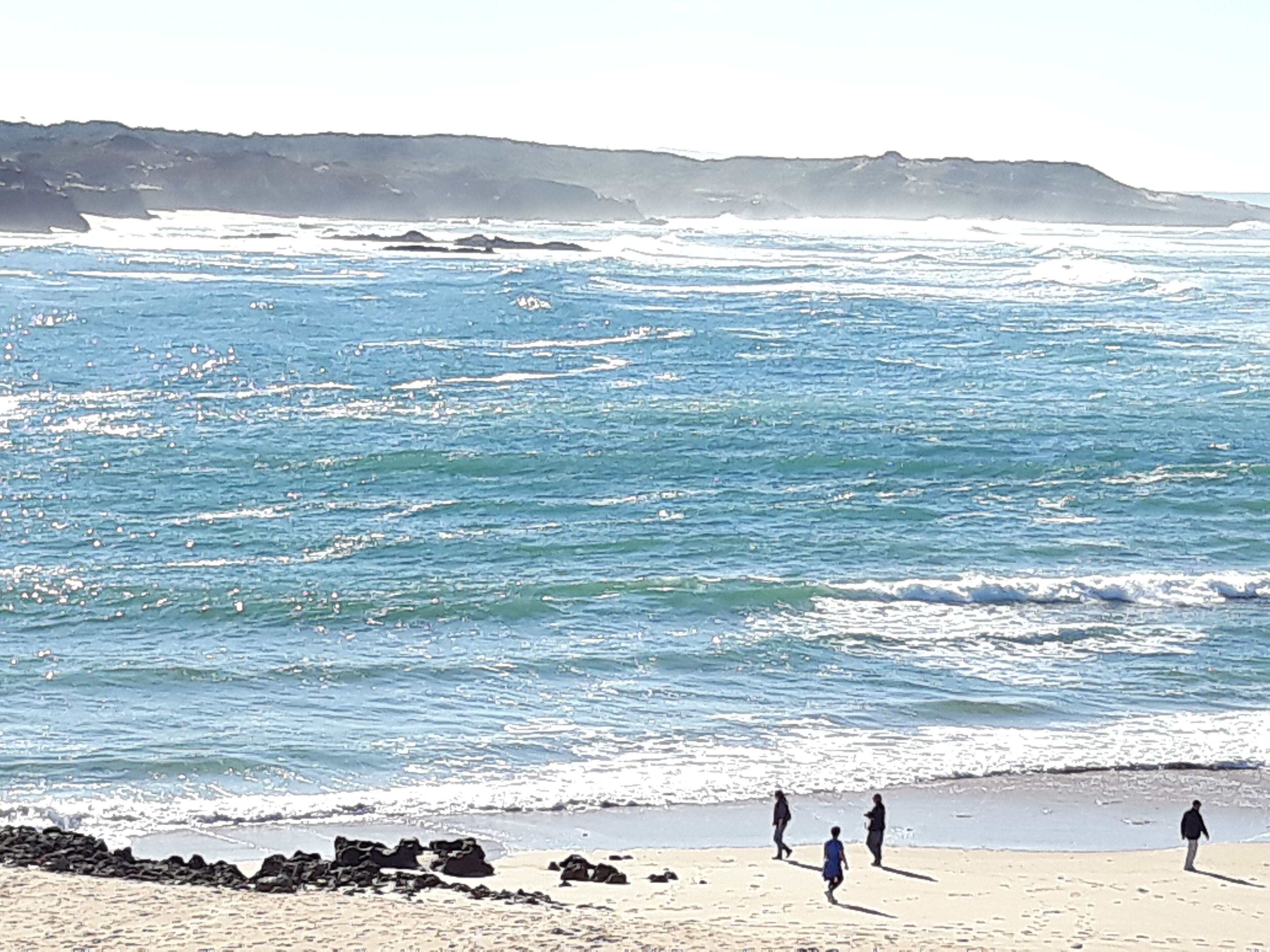 A beach with waves and people walking.