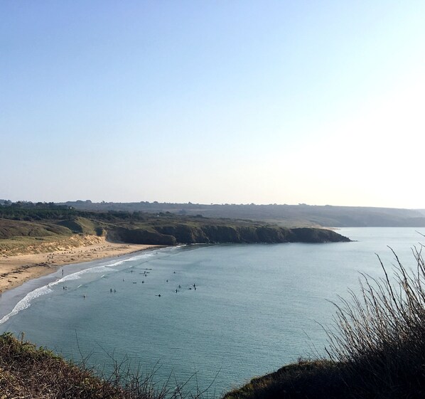 Un paisaje costero con una playa y una masa de agua.