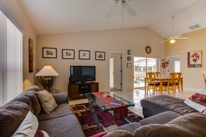 Flat-screen TV, video games, DVD player, foosball