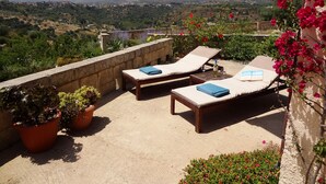 A terrace with two lounge chairs, a table, and potted plants.