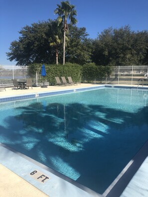 Outdoor pool, a heated pool, sun loungers