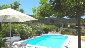 A swimming pool with a white umbrella, surrounded by greenery and a stone patio. - House / Villa - Coustouge (Coustouge)