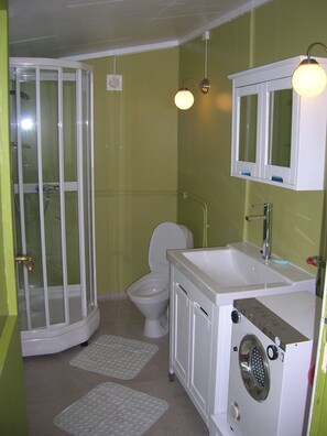Combined shower/tub, soap, toilet paper