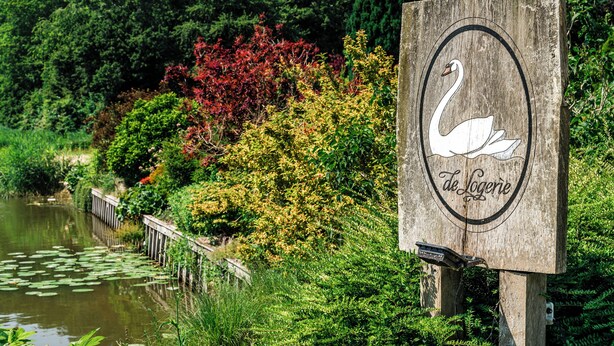 Uma placa de madeira com um cisne e o texto 'La Logerie' em um ambiente natural, com um lago e vegetação exuberante.