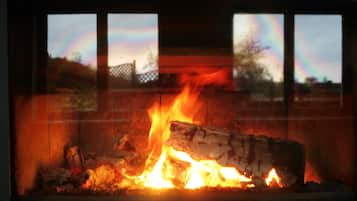 Une cheminée avec des flammes et des bûches apparentes, intégrée dans une structure dotée de fenêtres.