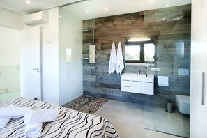 Shower, hair dryer, bidet, towels